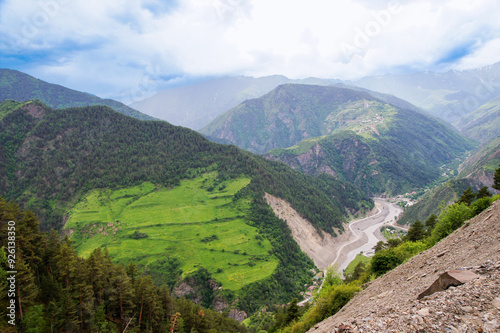 The river bed between the mountains.