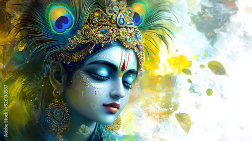 Beautiful digital painting of lord Krishna with peacock feather crown, symbolizing divine grace perfect for your home decor