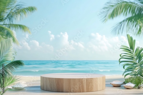 Summer product display on wooden podium at sea tropical beach with generative ai