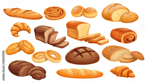 Bread and bakery products cartoon set. Whole loaf and cut into slices for toast, bagel and bun roll, French baguette and croissant, wheat and rye bread. Cartoon pastry collection vector illustration