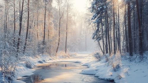 Winter Wonderland Stream: Sunlight filters through snow-laden pines, illuminating a serene winter stream. The scene evokes tranquility and the magic of a snow-covered forest. 