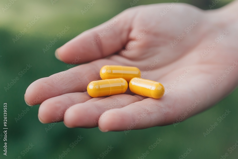 Detailed view of a person s hand holding vitamin D capsules, immune support, natural light Detailed view of a person s hand holding vitamin D capsules, immune support, natural light
