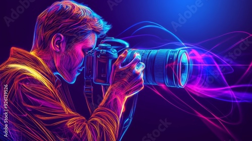 Neon Line Art of a photographer capturing a shot with a high-end camera, adjusting the lens and focusing intently on the subject, with vibrant lighting all around
