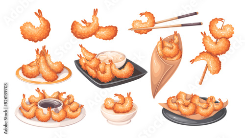 Deep fried shrimp tempura cartoon set. Crispy tempura cutlets lying on table, paper pouch or seafood plate. Cartoon two and one headless prawn with chopsticks, bamboo skewer vector illustration