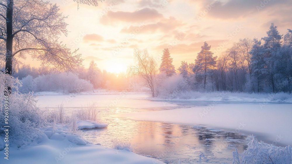 Winter Sunset Serenity: A picturesque winter landscape unfolds, where a tranquil river reflects the warm glow of a setting sun, casting a magical light on snow-covered trees and a serene atmosphere. Winter Sunset Serenity: A picturesque winter landscape unfolds, where a tranquil river reflects the warm glow of a setting sun, casting a magical light on snow-covered trees and a serene atmosphere.