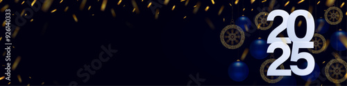Happy New Year 2025. Silvery numbers, snowflakes and blue glass balls on a dark blue background. Holiday card design with golden confetti, banner