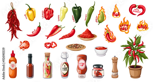 Hot chili peppers, sauces and spices, cartoon stickers set. Different chilli peppers pods, seasoning food products in bottle and bowl, typography label in spicy cartoon collection vector illustration