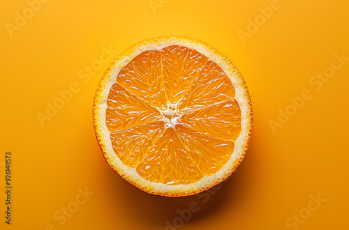 A slice of orange on a yellow background in a top view