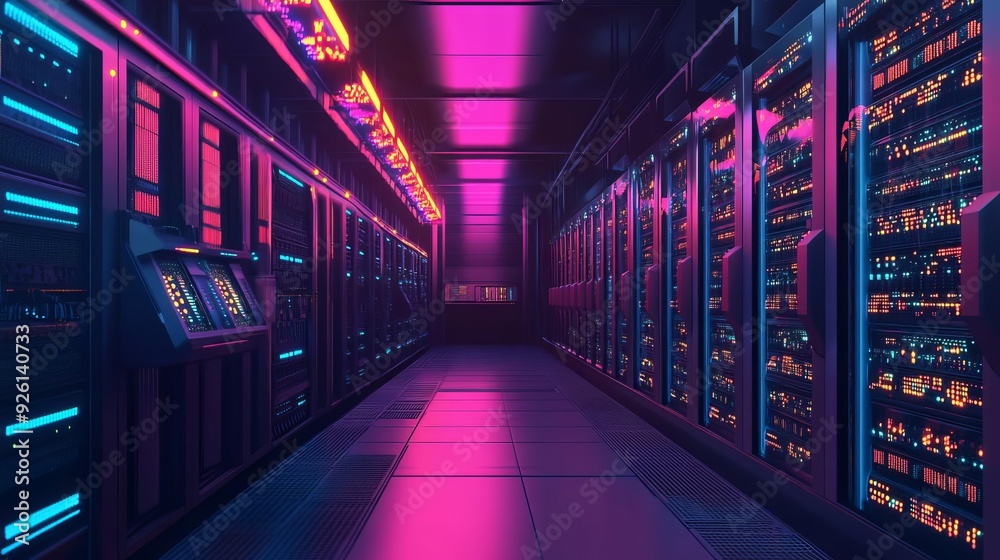 Fototapeta premium Long, empty server racks line a dimly lit, industrial corridor in an underground data center