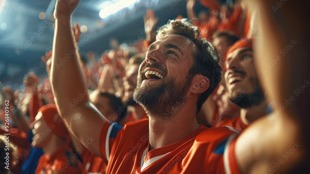Realistic football fans cheering in the stands, high-energy atmosphere. Generative AI. Realistic football fans cheering in the stands, high-energy atmosphere. Generative AI.