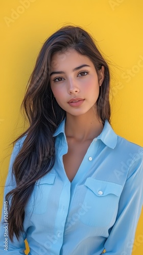 A woman stands confidently in front of a bright yellow backdrop, showcasing her natural beauty and style