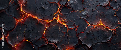 Close up view of cracked volcanic rock with molten lava flowing through the cracks. photo