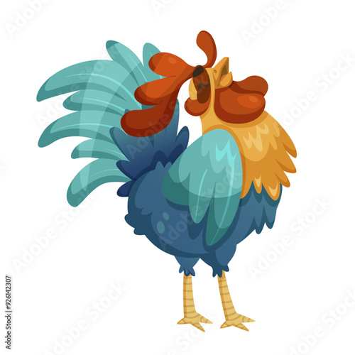 A colorful rooster with vibrant feathers standing and crowing. Cartoon style on a white background. Concept of farm animals and morning wake-up calls. Vector illustration
