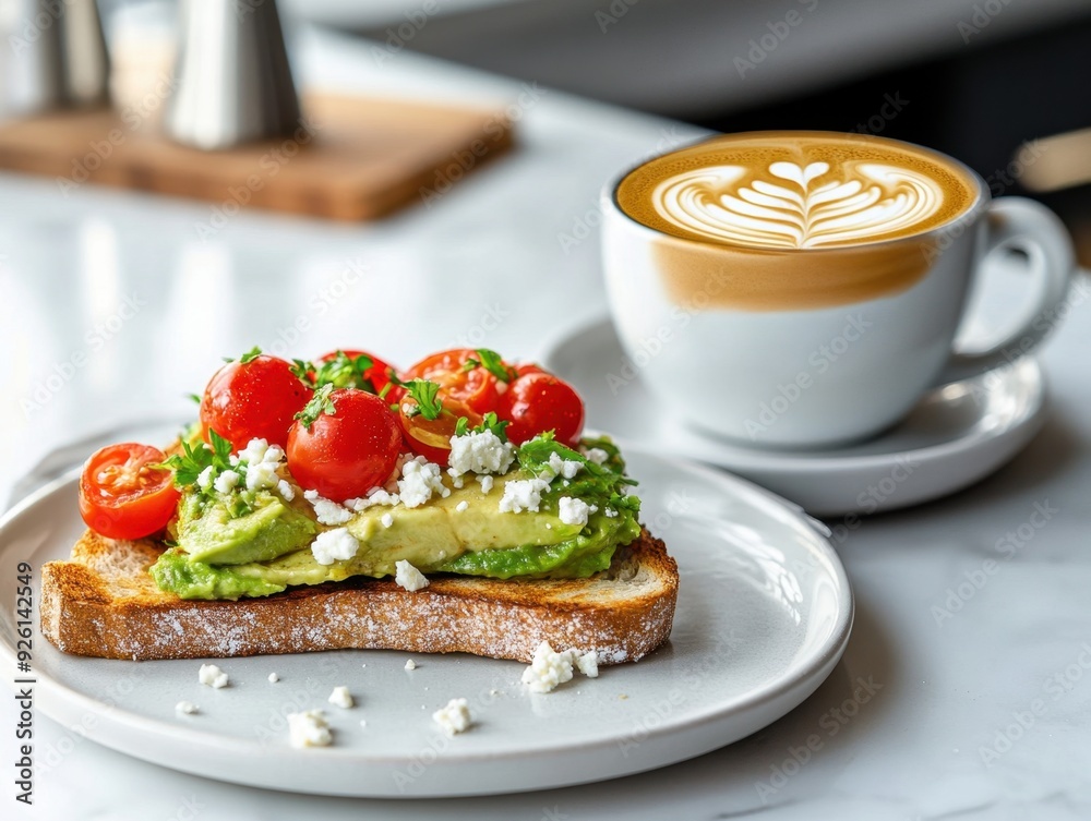 A plate of avocado toast topped with cherry tomatoes and a latte art coffee. A plate of avocado toast topped with cherry tomatoes and a latte art coffee.