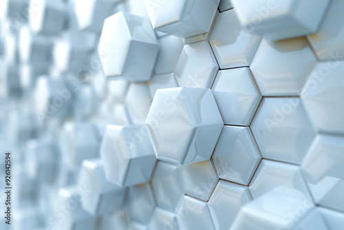 A visually captivating abstract technology background featuring a pristine white surface adorned with intricate hexagonal shapes, showcasing their multi-dimensional aspects through a stunning 3D rend