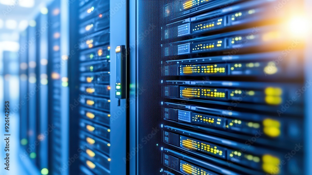 A close-up view of modern server equipment showcasing advanced technology and data management capabilities in a data center. A close-up view of modern server equipment showcasing advanced technology and data management capabilities in a data center.