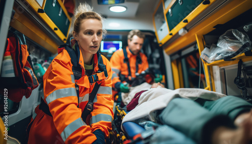 Woman in bright orange uniform, paramedic, assisting to load injured person into ambulance van. Generative AI