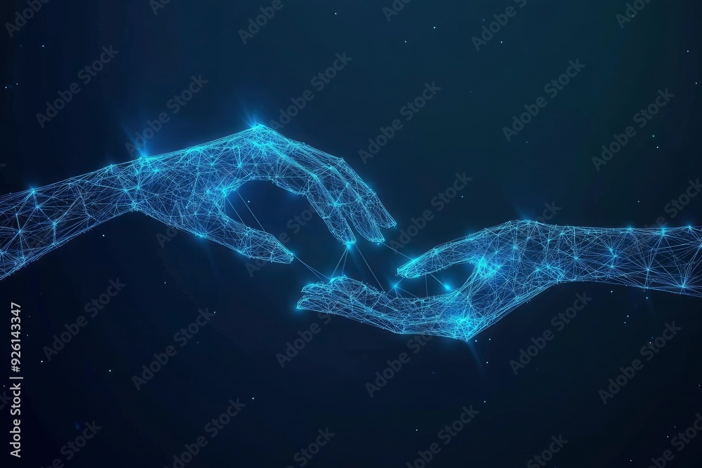 Two Digital Hands Holding Something. Blue Low Poly Wireframe Illustration on Dark Blue Background. Technology Concept. with generative ai Two Digital Hands Holding Something. Blue Low Poly Wireframe Illustration on Dark Blue Background. Technology Concept. with generative ai