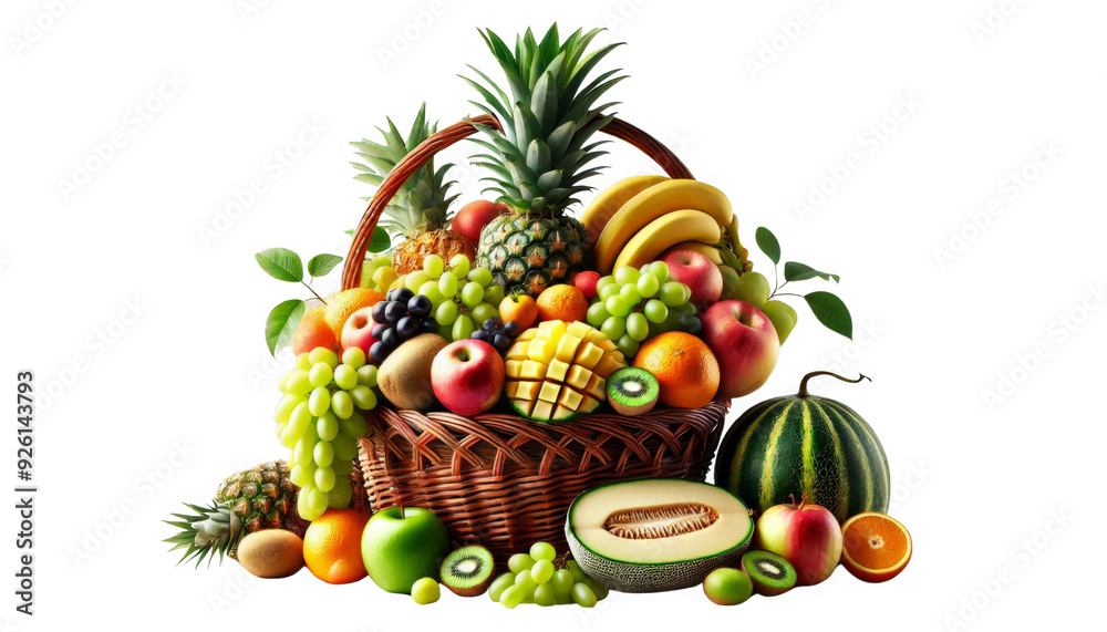 Wicker basket with Fresh fruit such as orange, Chinese pear, mulberry, banana, and red apple on a transparent background