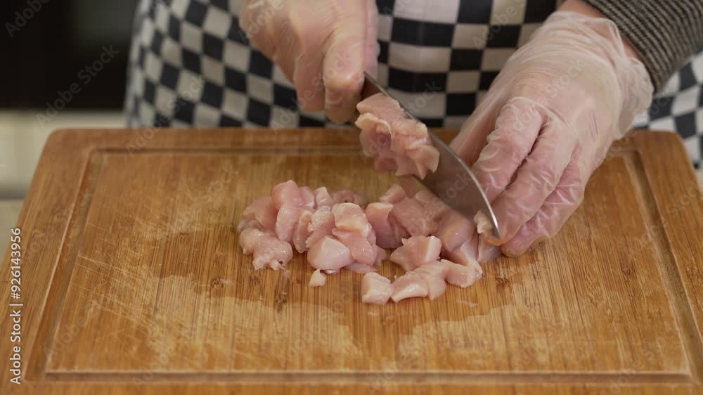 Chef is chopping chicken fillet on a cutting board Chef is chopping chicken fillet on a cutting board