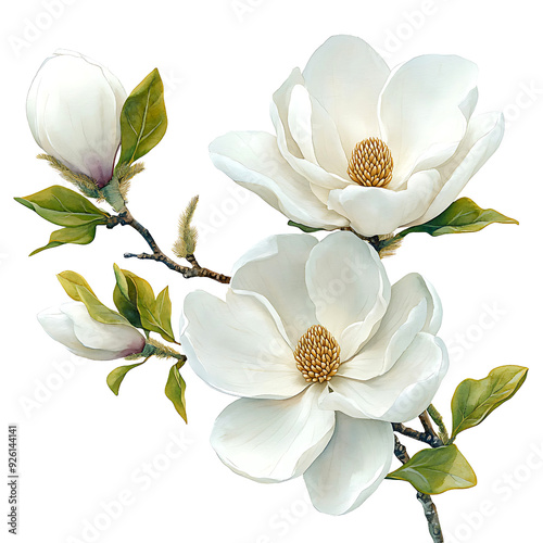 Illustration of white magnolia flowers in bloom against a black background; ideal for floral-themed designs isolated on transparency PNG background, botanical art, or nature-inspired projects,