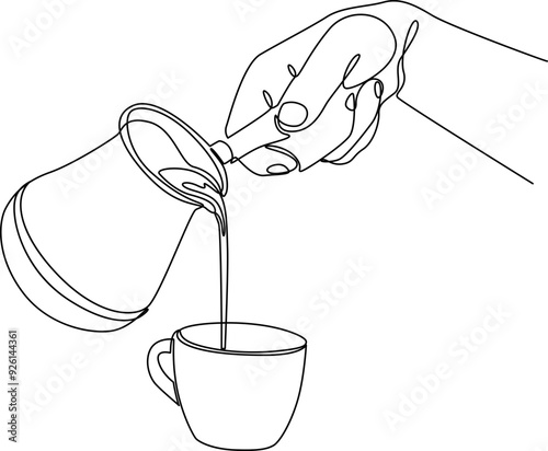 Hand pouring hot coffee into a cup one line art vector illustration