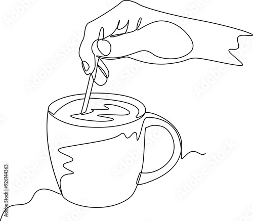 Hand stirring in a coffee cup one line art vector illustration