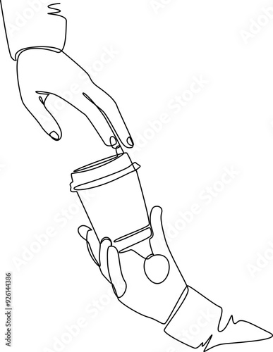 Hand giving coffee one line art vector illustration