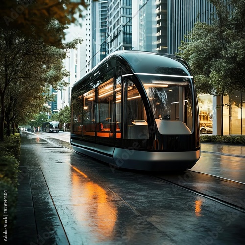 An electric public transport system seamlessly integrated into city life, representing the future of sustainable commuting