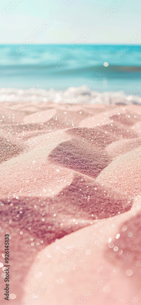 Fototapeta premium Close-up shiny sand with wavy pattern on the surface and sea ​​surf in the distance.
