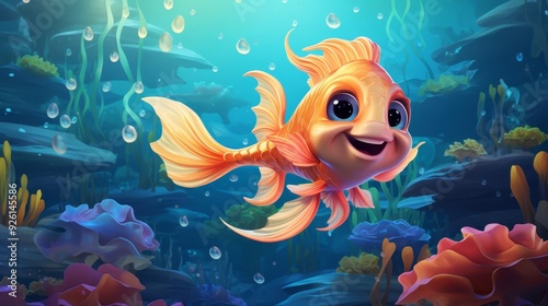 Fototapeta Naklejka Na Ścianę i Meble -  An illustration of a cheerful fish swimming in a coral reef