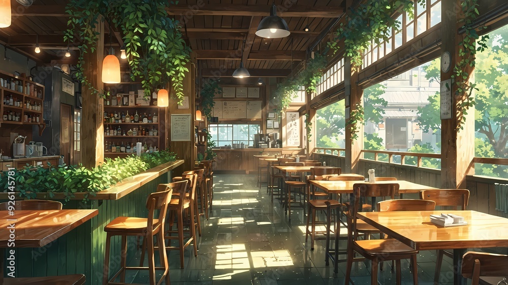 Fototapeta premium Lush Urban Coffee Shop with Serene Aesthetic Greenery-Filled Ambiance at Dawn