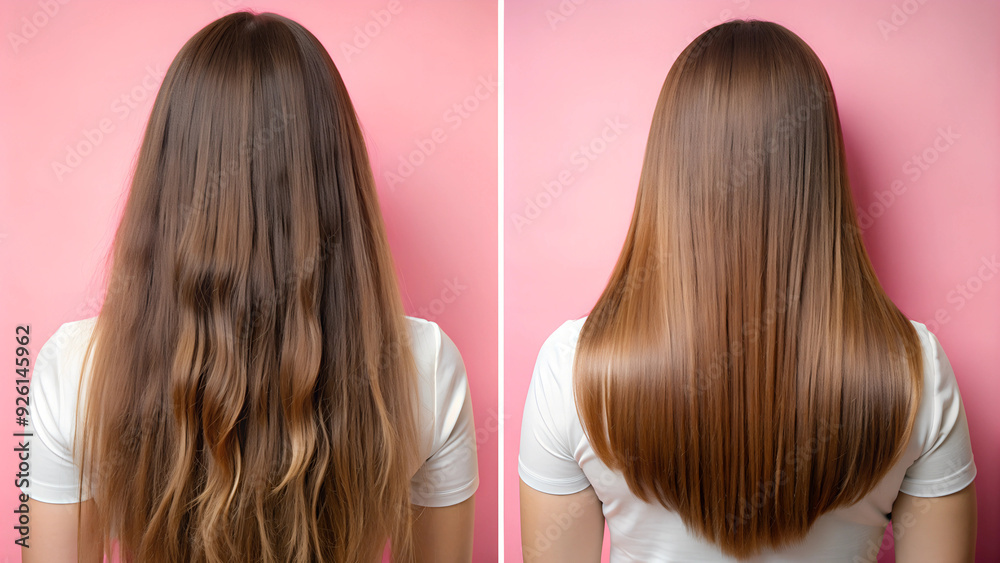 Back View of Hair: Stunning Before and After Brown Hair Results on a Pink Background Back View of Hair: Stunning Before and After Brown Hair Results on a Pink Background
