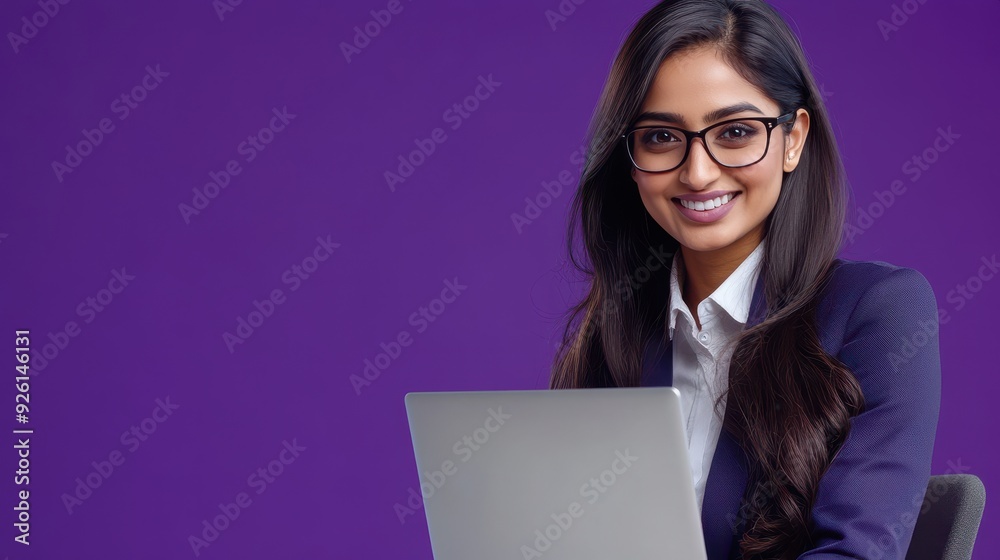 A young woman in glasses smiles while working on her laptop at a sleek desk in a vibrant office A young woman in glasses smiles while working on her laptop at a sleek desk in a vibrant office