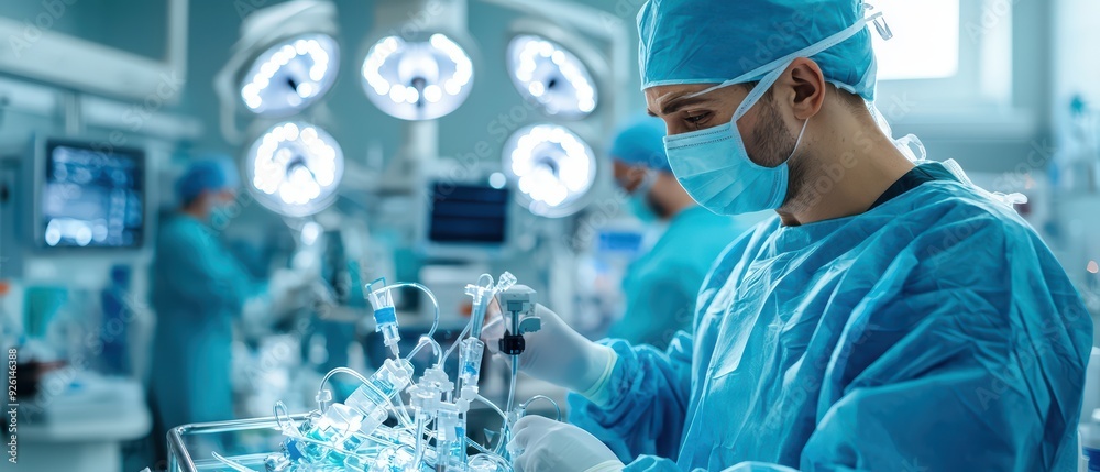 A surgeon in blue scrubs performs a medical procedure in an advanced operating room, showcasing healthcare professionalism.