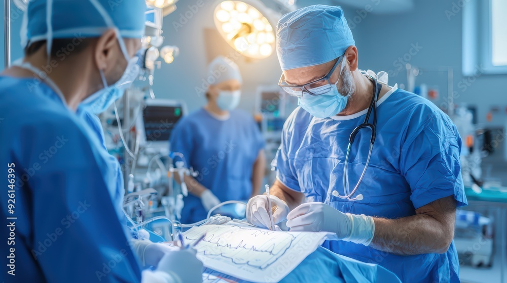 A team of surgeons performing a delicate operation in a modern operating room, showcasing professional medical teamwork and precision. A team of surgeons performing a delicate operation in a modern operating room, showcasing professional medical teamwork and precision.