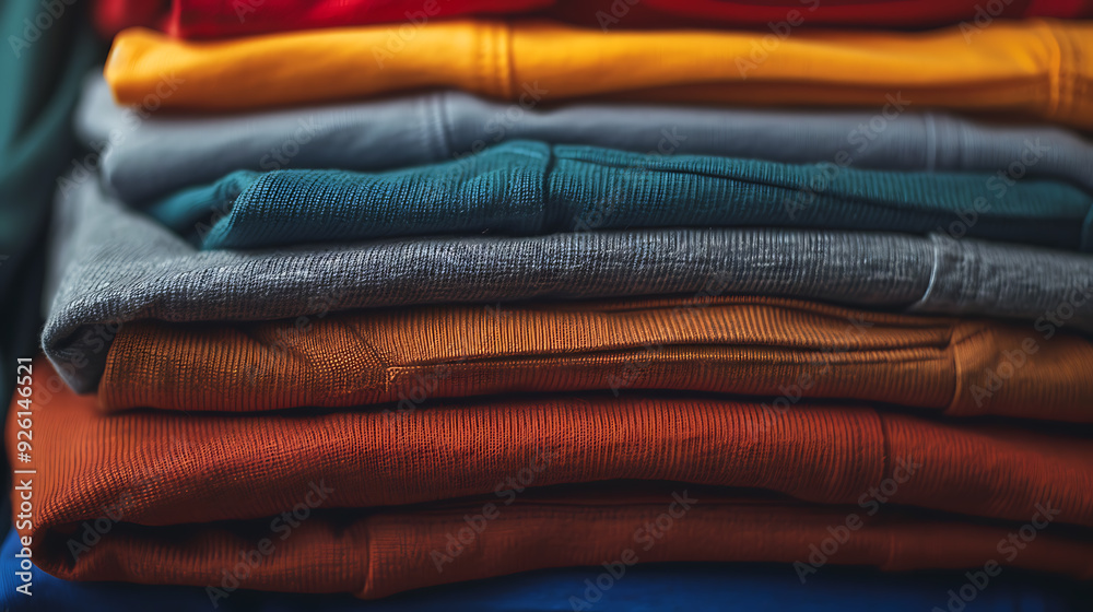 A close-up view of a neatly stacked pile of various colored t-shirts, highlighting the textures and folds, representing the fast fashion industry and consumer culture in clothing retail.
