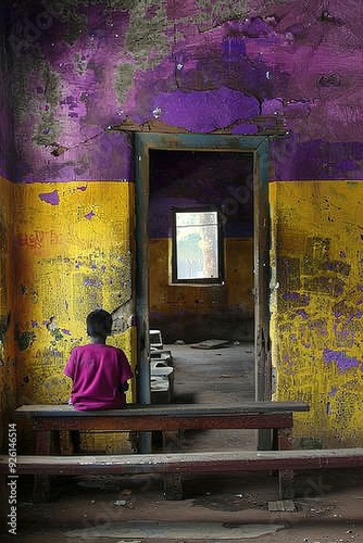 Lonely child sitting in an abandoned classroom with vibrant wall colors photo