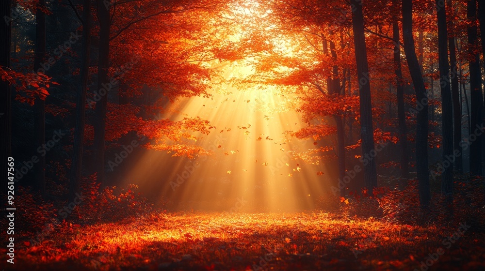 Warm sunlight cascades through a canopy of golden foliage, illuminating the forest floor blanketed in crisp leaves, creating a tranquil autumn atmosphere Warm sunlight cascades through a canopy of golden foliage, illuminating the forest floor blanketed in crisp leaves, creating a tranquil autumn atmosphere