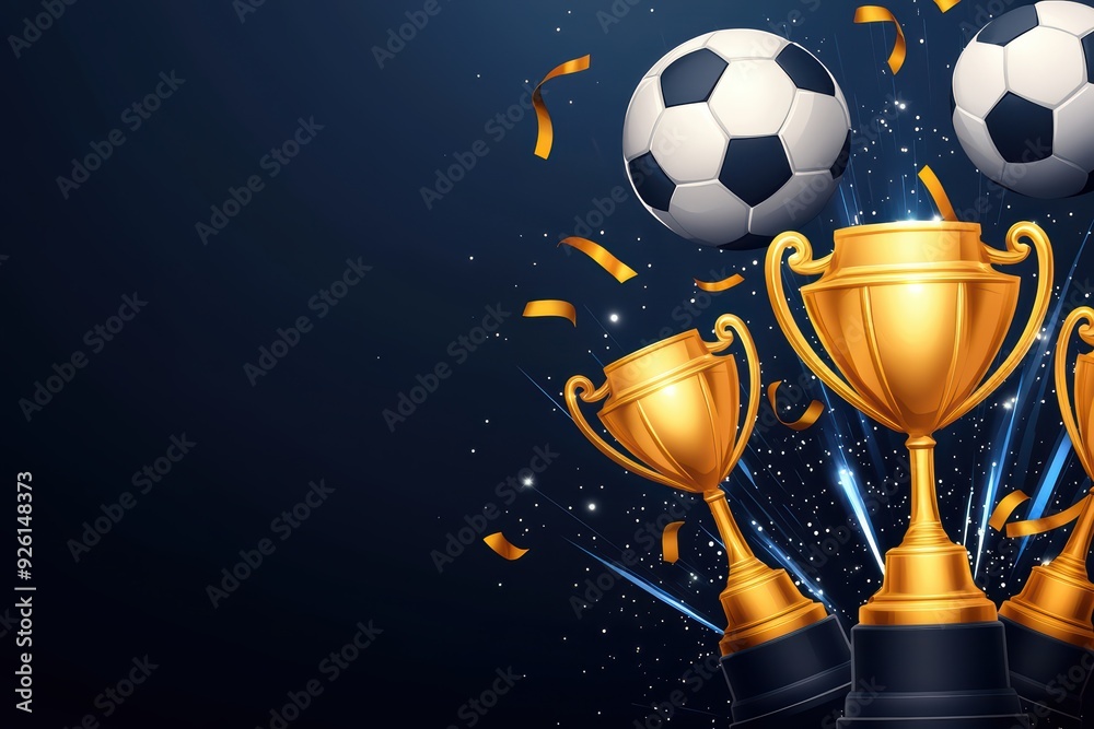 Celebrate sports triumph with golden trophies and soccer balls, perfect for awards, tournaments, and soccer-themed events. Celebrate sports triumph with golden trophies and soccer balls, perfect for awards, tournaments, and soccer-themed events.