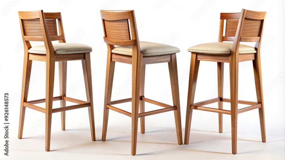Wooden bar chair showcased in various angles, isolated on a clean white background, highlighting its design, texture, and modern style. Wooden bar chair showcased in various angles, isolated on a clean white background, highlighting its design, texture, and modern style.