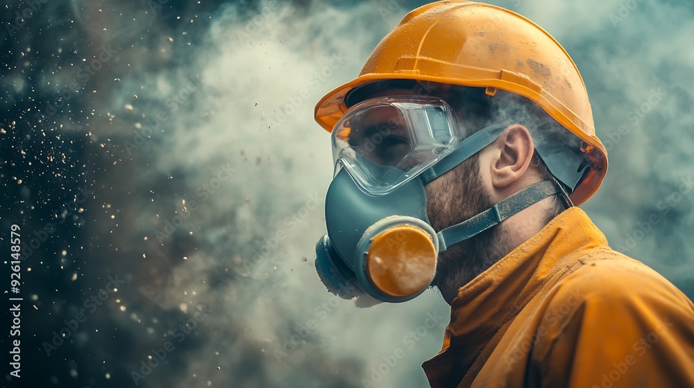 Close-up of a construction worker wearing a respirator mask and hard hat with a background of dust and smoke. Close-up of a construction worker wearing a respirator mask and hard hat with a background of dust and smoke.