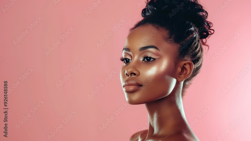 Elegant Beauty Portrait of African American Woman with Radiant Skin and Modern Make-up on Pink Background