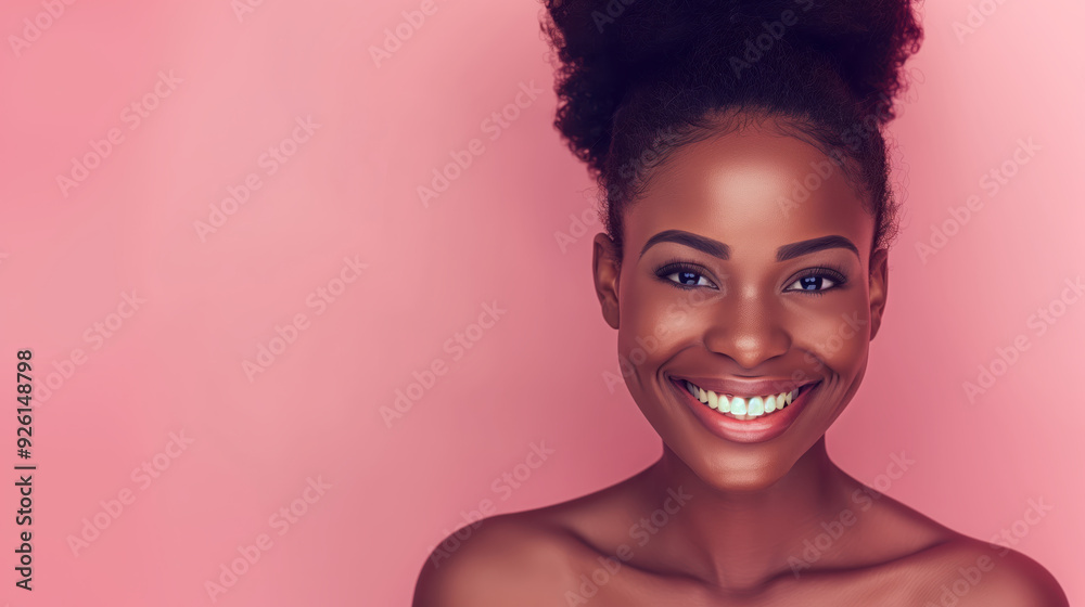 Beautiful Smiling African American Woman with Perfect Skin on Pink Background, Embracing Natural Beauty and Radiance Beautiful Smiling African American Woman with Perfect Skin on Pink Background, Embracing Natural Beauty and Radiance