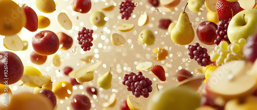 Colorful assortment of floating fruits including apples, pears, and grapes against a soft background, creating a vibrant visual effect.