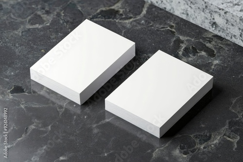 Two real white business cards on elegant dark concrete background, Empty template for luxury stationery mockup with generative ai