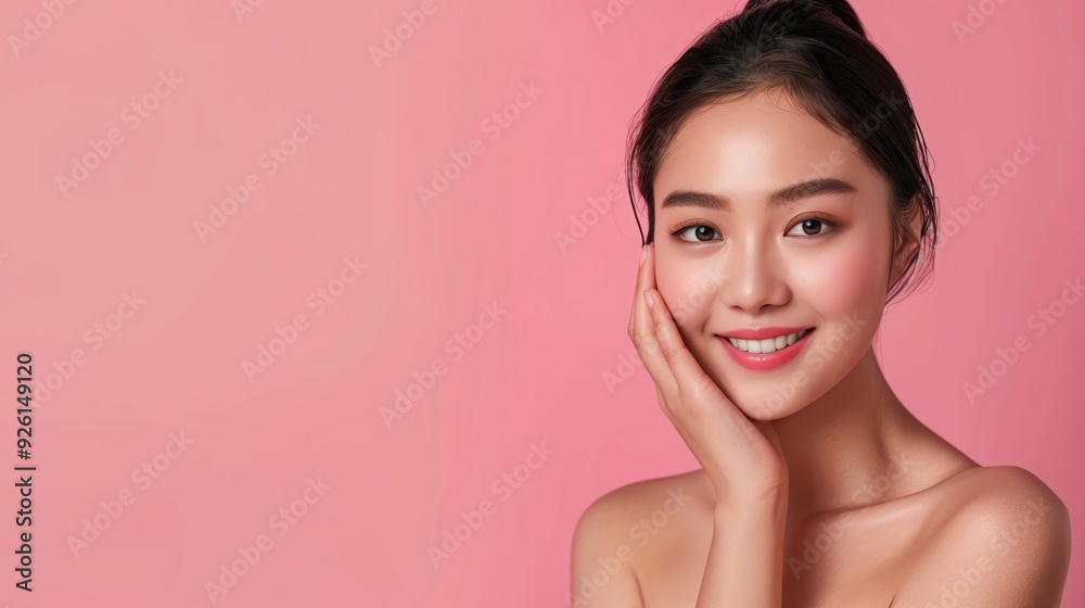 Beautiful Woman Embracing Skincare Routine with Radiant Smile on Soft Pink Background Beautiful Woman Embracing Skincare Routine with Radiant Smile on Soft Pink Background