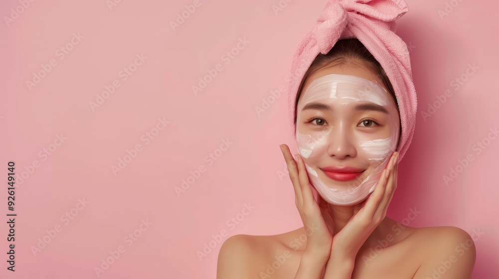 Beauty Care Routine with Smiling Woman Applying Cream on Her Face in Relaxing Spa Setting Beauty Care Routine with Smiling Woman Applying Cream on Her Face in Relaxing Spa Setting