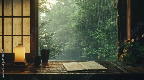 Cozy study nook with open book, candle, and raindrops on window overlooking lush green garden on a rainy day. Perfect for relaxation and reading.