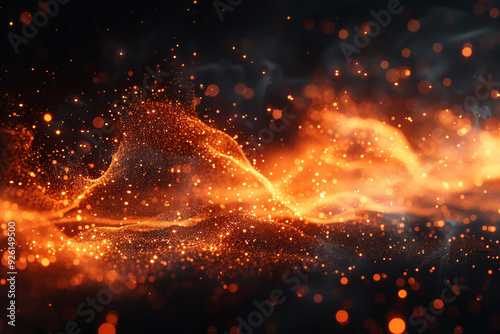 An abstract technology background features a mesmerizing orange particle cloud in motion against a sleek black backdrop, creating a dynamic and futuristic visual representation of innovation and adva photo